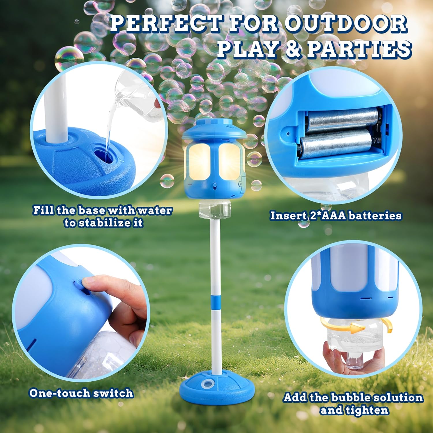 4-in-1 Standing Bubble Machine - High-Output Blower with Lights & Music 🫧✨