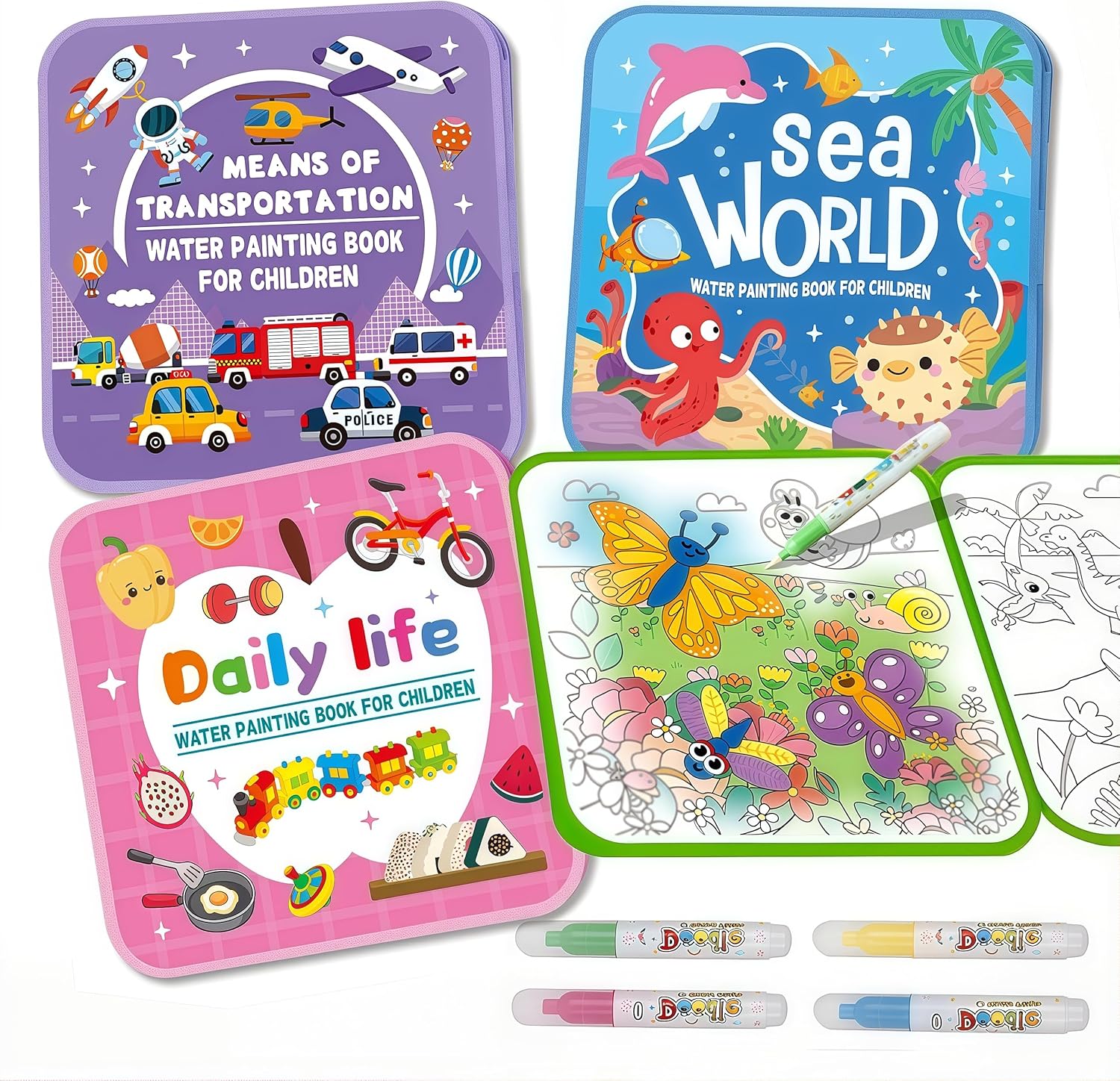 Magic Water Colouring Books (4-Pack) | Mess-Free Travel Toy for Kids 💧
