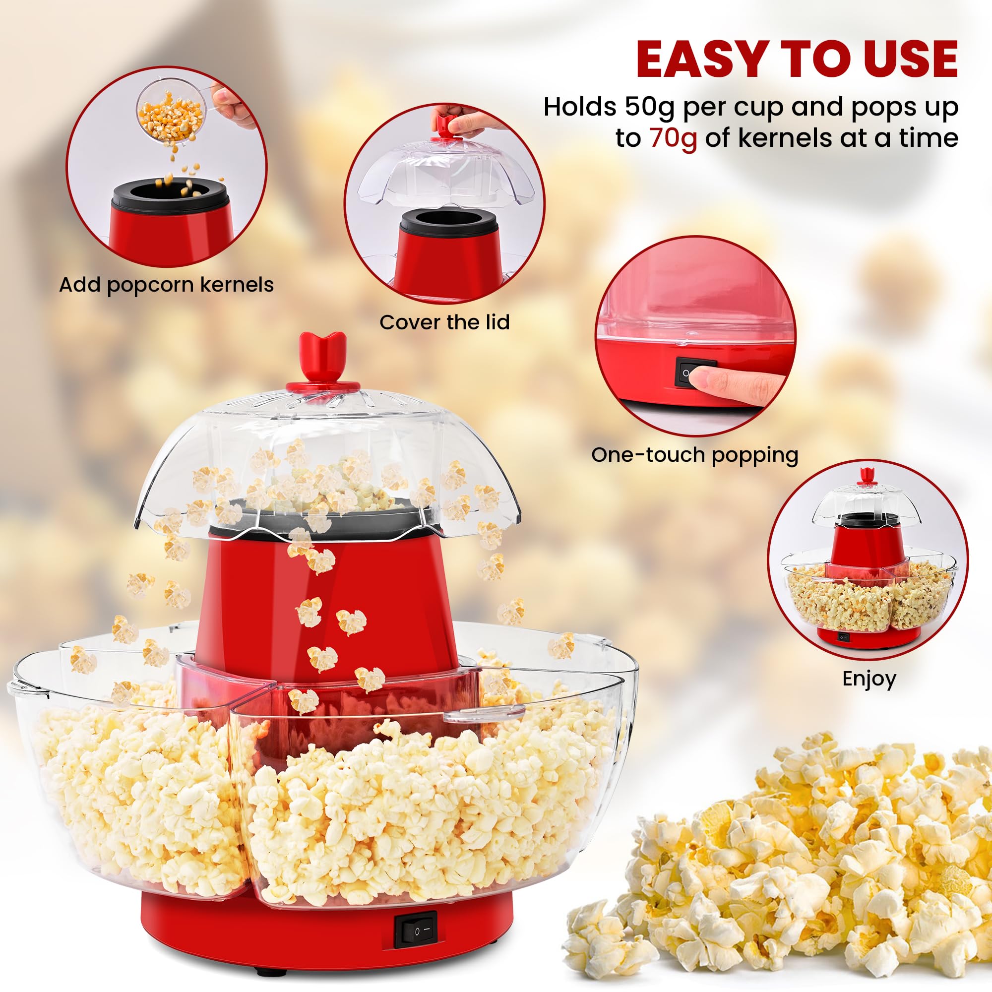 Electric Popcorn Machine with 4 Serving Bowls & Measuring Cup, Red